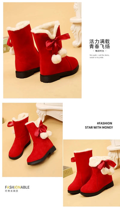 Girls Winter Boots Warm Plush Christmas Red Boots Cute Furry Children Cotton Shoes Anti-slip Kids Students Rubber Snow Boots