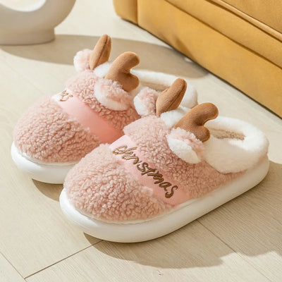 Winter Cotton Warm Plush Fur Antiskid Christmas Slippers Deer Antler Cotton Mops Outdoor Breathable Sole Soft Home Couples Shoes