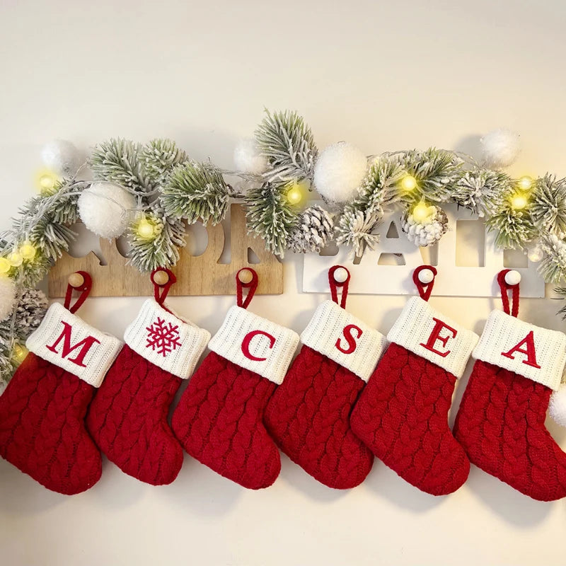 Letters Christmas Stocking New Knitting Christmas Tree Pendant Decorations For Home Xmas Gift Snowflake Alphabet Christmas Socks