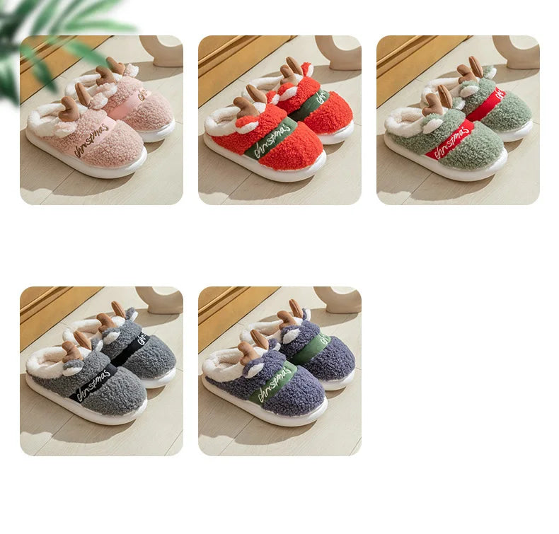 Winter Cotton Warm Plush Fur Antiskid Christmas Slippers Deer Antler Cotton Mops Outdoor Breathable Sole Soft Home Couples Shoes