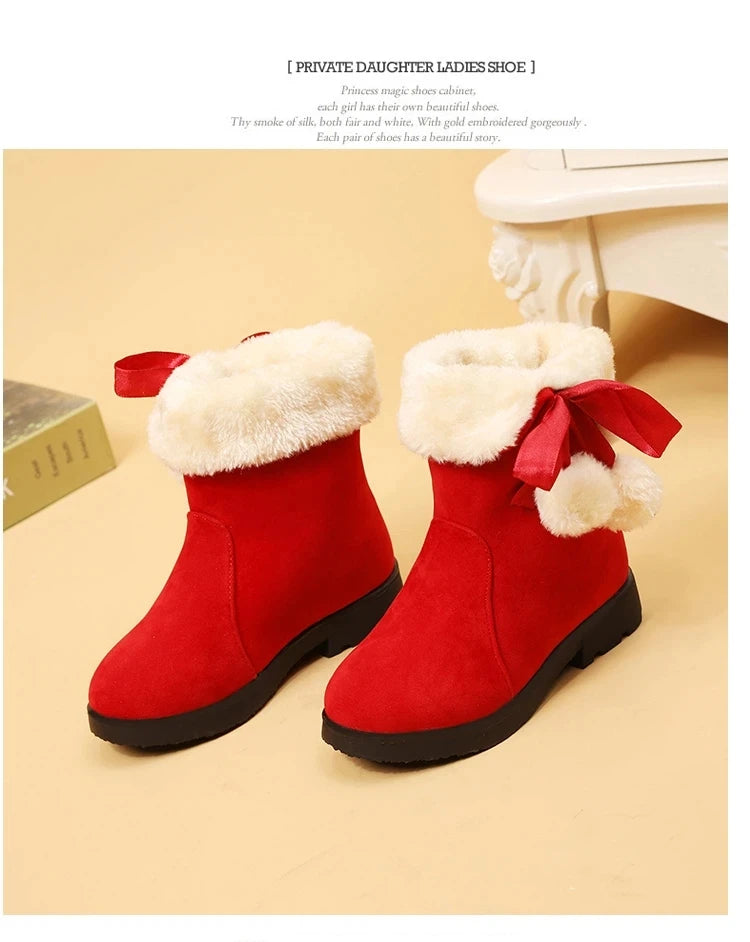 Girls Winter Boots Warm Plush Christmas Red Boots Cute Furry Children Cotton Shoes Anti-slip Kids Students Rubber Snow Boots