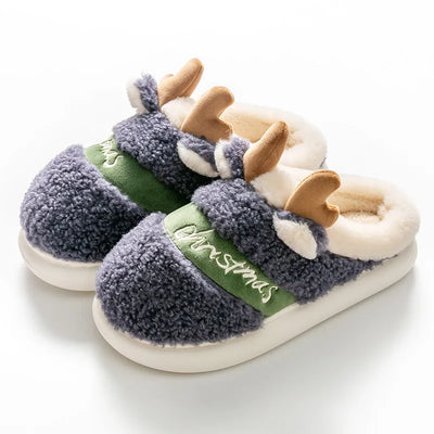 Winter Cotton Warm Plush Fur Antiskid Christmas Slippers Deer Antler Cotton Mops Outdoor Breathable Sole Soft Home Couples Shoes