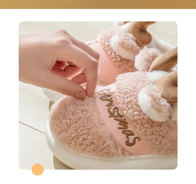 Winter Cotton Warm Plush Fur Antiskid Christmas Slippers Deer Antler Cotton Mops Outdoor Breathable Sole Soft Home Couples Shoes