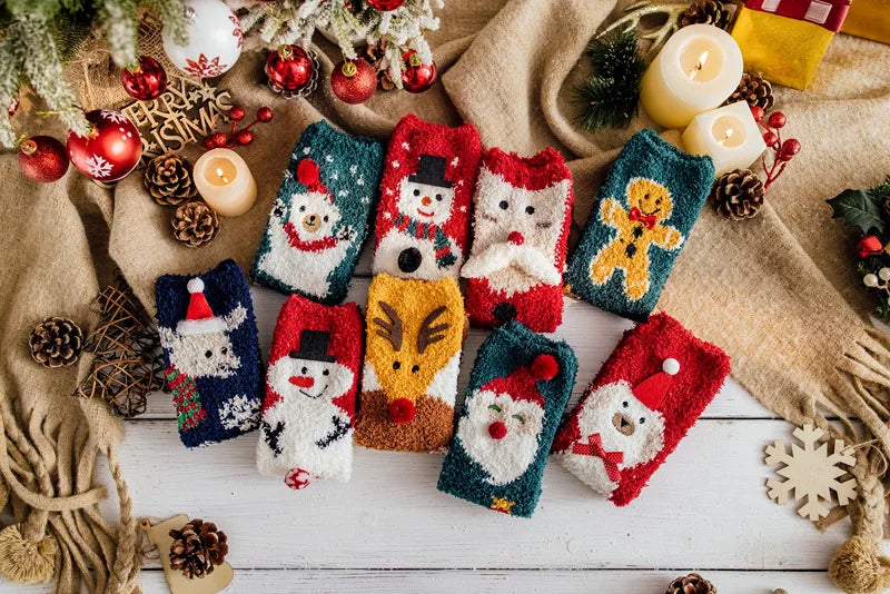 Christmas coral fleece socks mid-tube warm thickened floor sleep cartoon socks