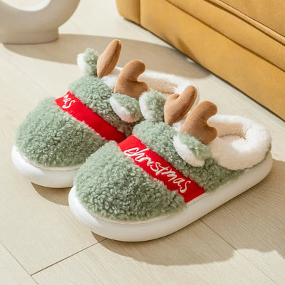 Winter Cotton Warm Plush Fur Antiskid Christmas Slippers Deer Antler Cotton Mops Outdoor Breathable Sole Soft Home Couples Shoes