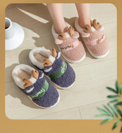 Winter Cotton Warm Plush Fur Antiskid Christmas Slippers Deer Antler Cotton Mops Outdoor Breathable Sole Soft Home Couples Shoes