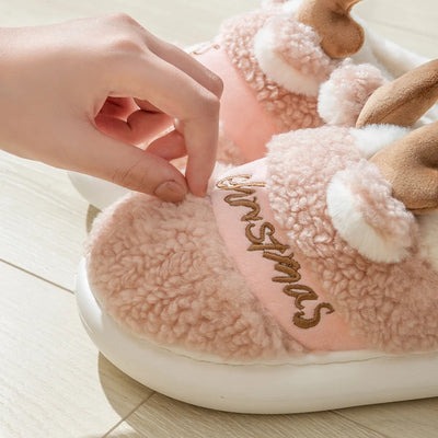 Winter Cotton Warm Plush Fur Antiskid Christmas Slippers Deer Antler Cotton Mops Outdoor Breathable Sole Soft Home Couples Shoes