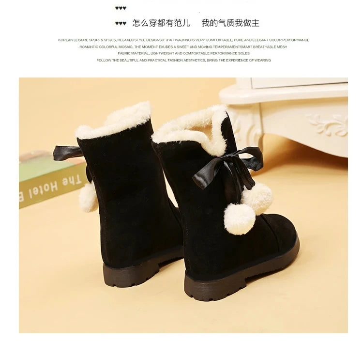 Girls Winter Boots Warm Plush Christmas Red Boots Cute Furry Children Cotton Shoes Anti-slip Kids Students Rubber Snow Boots