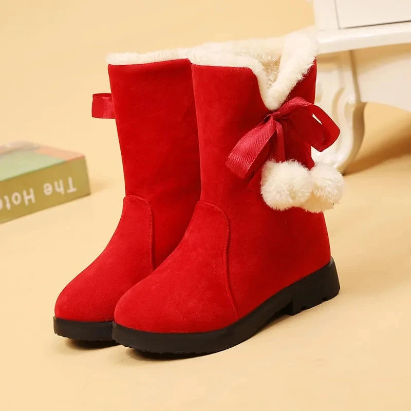 Girls Winter Boots Warm Plush Christmas Red Boots Cute Furry Children Cotton Shoes Anti-slip Kids Students Rubber Snow Boots