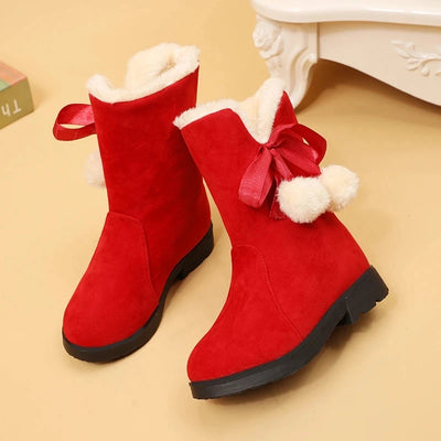 Girls Winter Boots Warm Plush Christmas Red Boots Cute Furry Children Cotton Shoes Anti-slip Kids Students Rubber Snow Boots