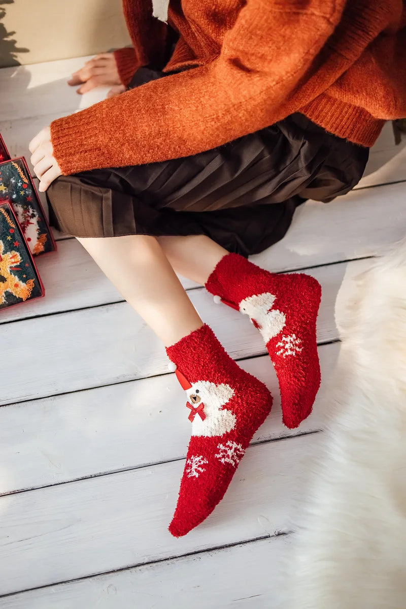 Christmas coral fleece socks mid-tube warm thickened floor sleep cartoon socks