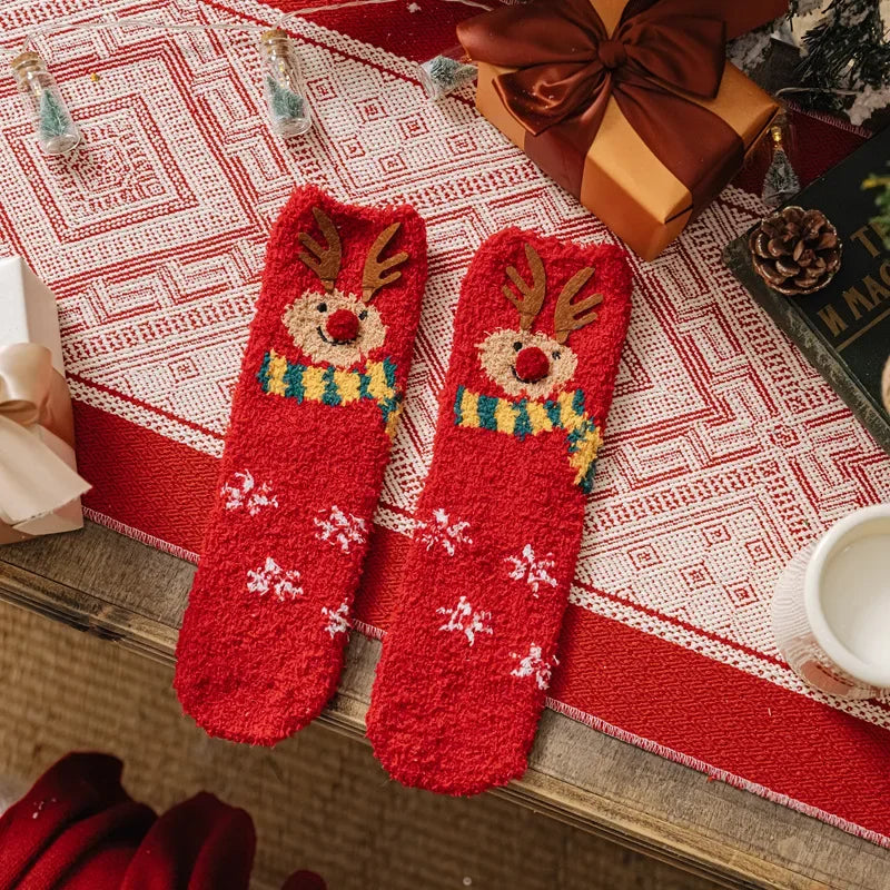 Christmas coral fleece socks mid-tube warm thickened floor sleep cartoon socks