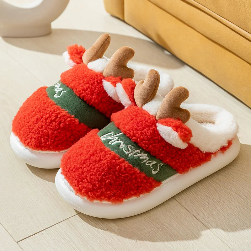 Winter Cotton Warm Plush Fur Antiskid Christmas Slippers Deer Antler Cotton Mops Outdoor Breathable Sole Soft Home Couples Shoes