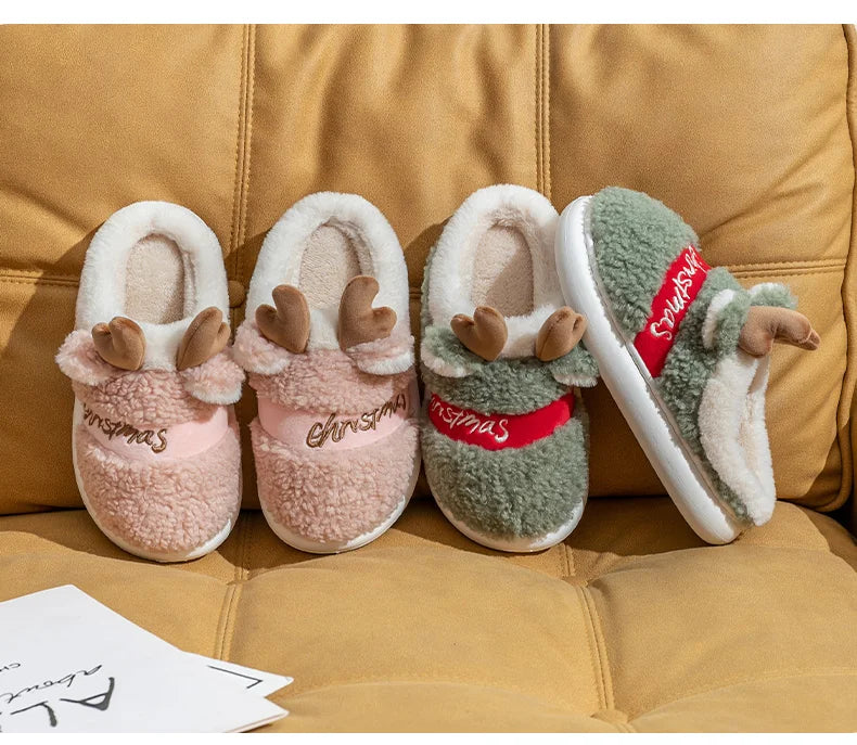 Winter Cotton Warm Plush Fur Antiskid Christmas Slippers Deer Antler Cotton Mops Outdoor Breathable Sole Soft Home Couples Shoes