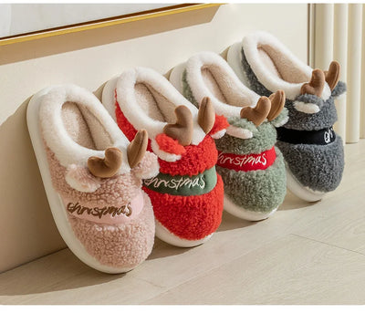 Winter Cotton Warm Plush Fur Antiskid Christmas Slippers Deer Antler Cotton Mops Outdoor Breathable Sole Soft Home Couples Shoes