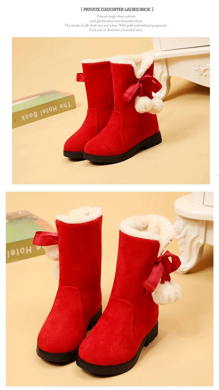 Girls Winter Boots Warm Plush Christmas Red Boots Cute Furry Children Cotton Shoes Anti-slip Kids Students Rubber Snow Boots