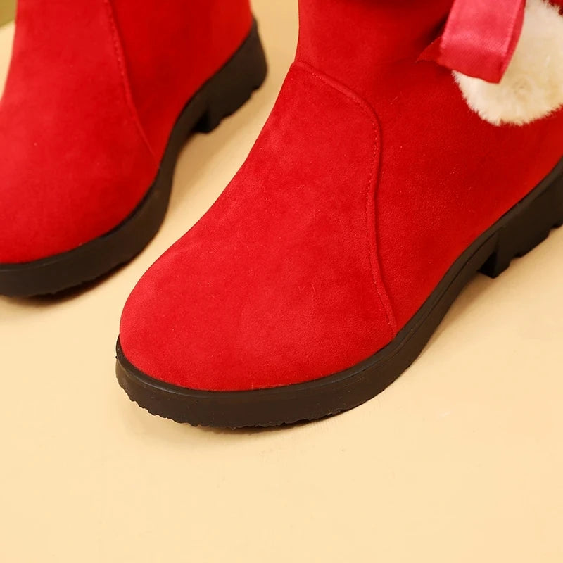 Girls Winter Boots Warm Plush Christmas Red Boots Cute Furry Children Cotton Shoes Anti-slip Kids Students Rubber Snow Boots