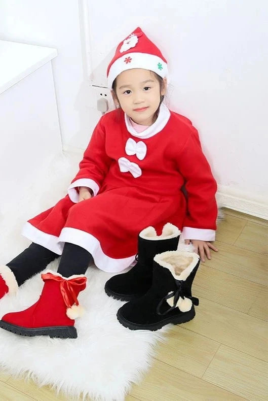 Girls Winter Boots Warm Plush Christmas Red Boots Cute Furry Children Cotton Shoes Anti-slip Kids Students Rubber Snow Boots