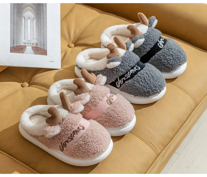 Winter Cotton Warm Plush Fur Antiskid Christmas Slippers Deer Antler Cotton Mops Outdoor Breathable Sole Soft Home Couples Shoes