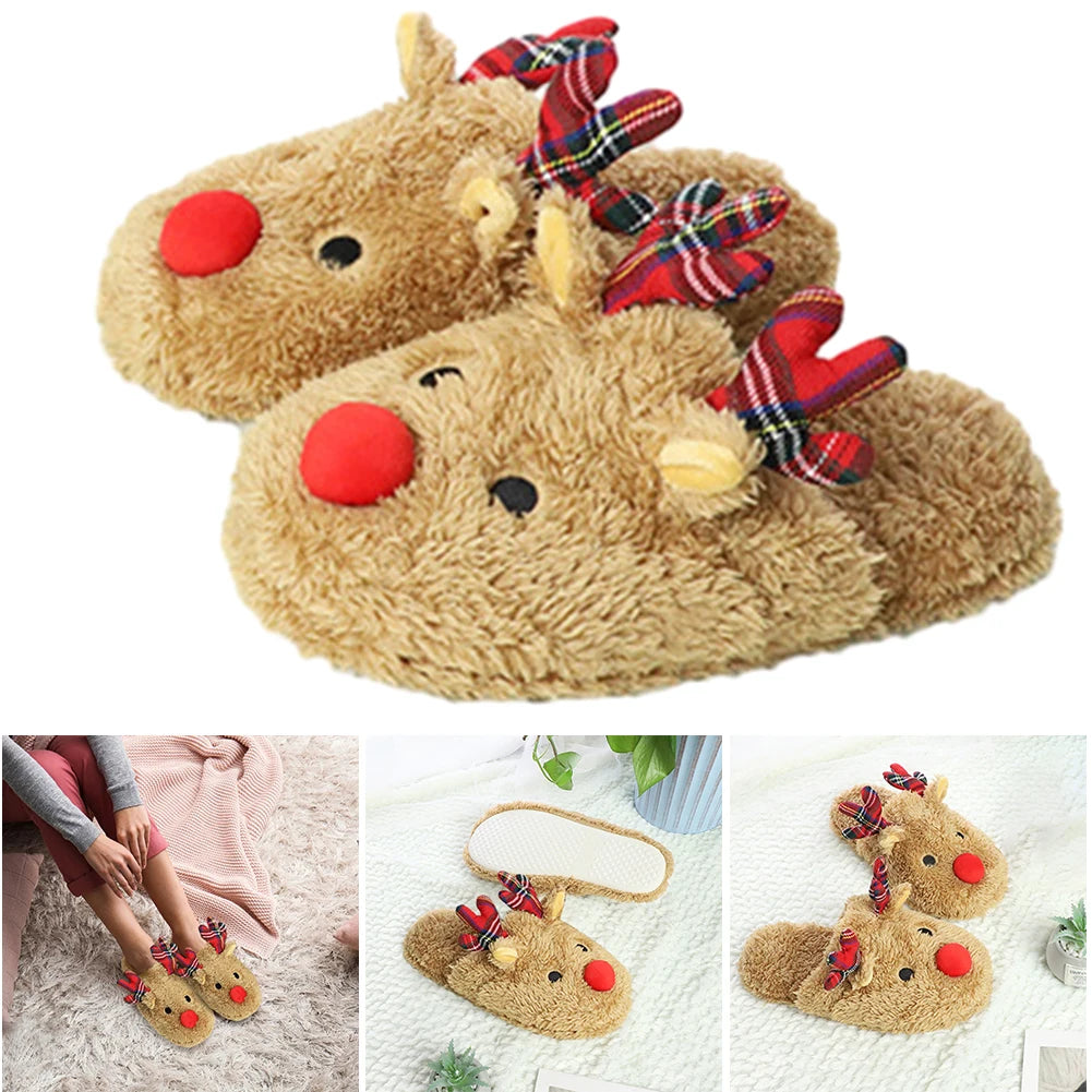 Christmas Reindeer Slippers House Flat Floor Soft Slides Non-Slip Winter Slippers Slip-On Slippers Cozy Women Men for Xmas Gift