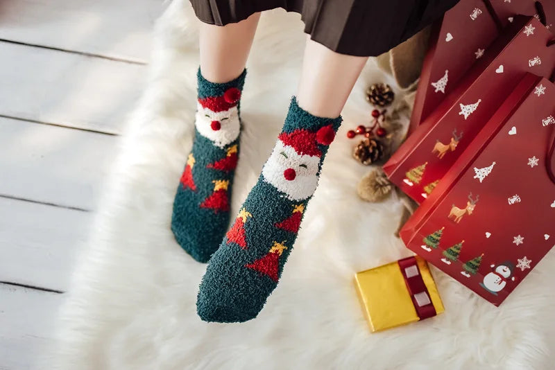 Christmas coral fleece socks mid-tube warm thickened floor sleep cartoon socks