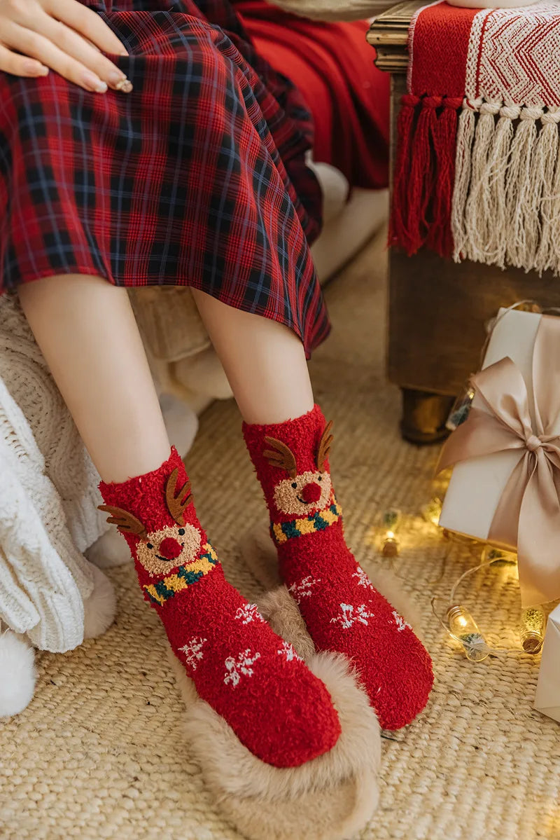 Christmas coral fleece socks mid-tube warm thickened floor sleep cartoon socks