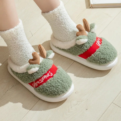 Winter Cotton Warm Plush Fur Antiskid Christmas Slippers Deer Antler Cotton Mops Outdoor Breathable Sole Soft Home Couples Shoes