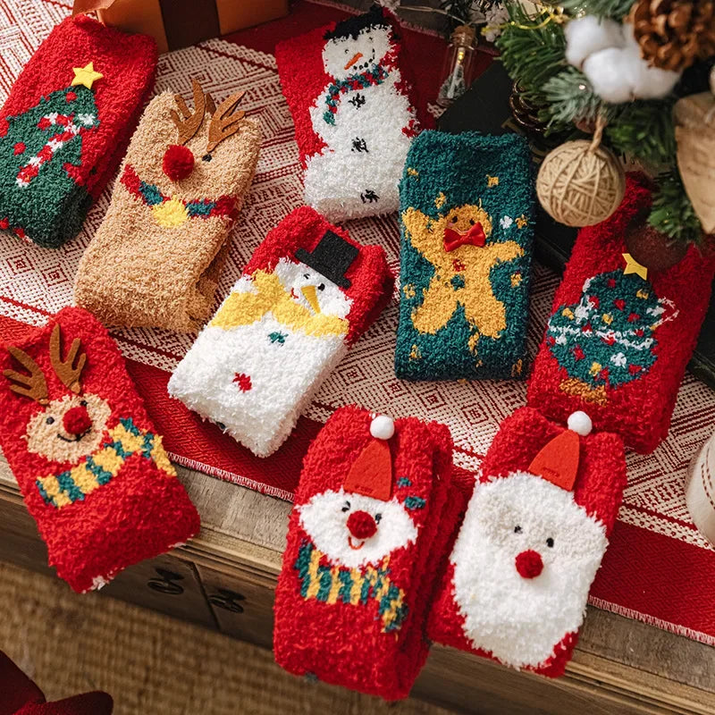 Christmas coral fleece socks mid-tube warm thickened floor sleep cartoon socks